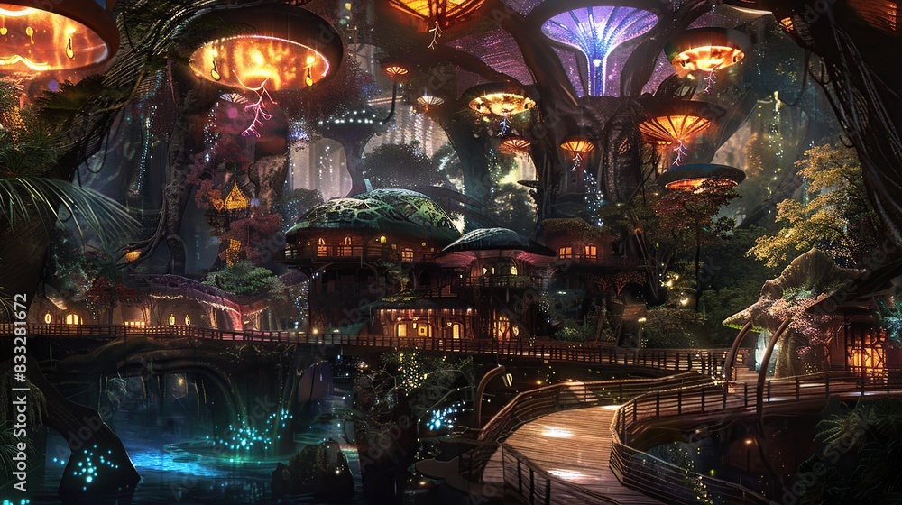 Fairyland Metropolis, Colorful Forest City of Glowing Plants and Ancient Trees. Generative Ai