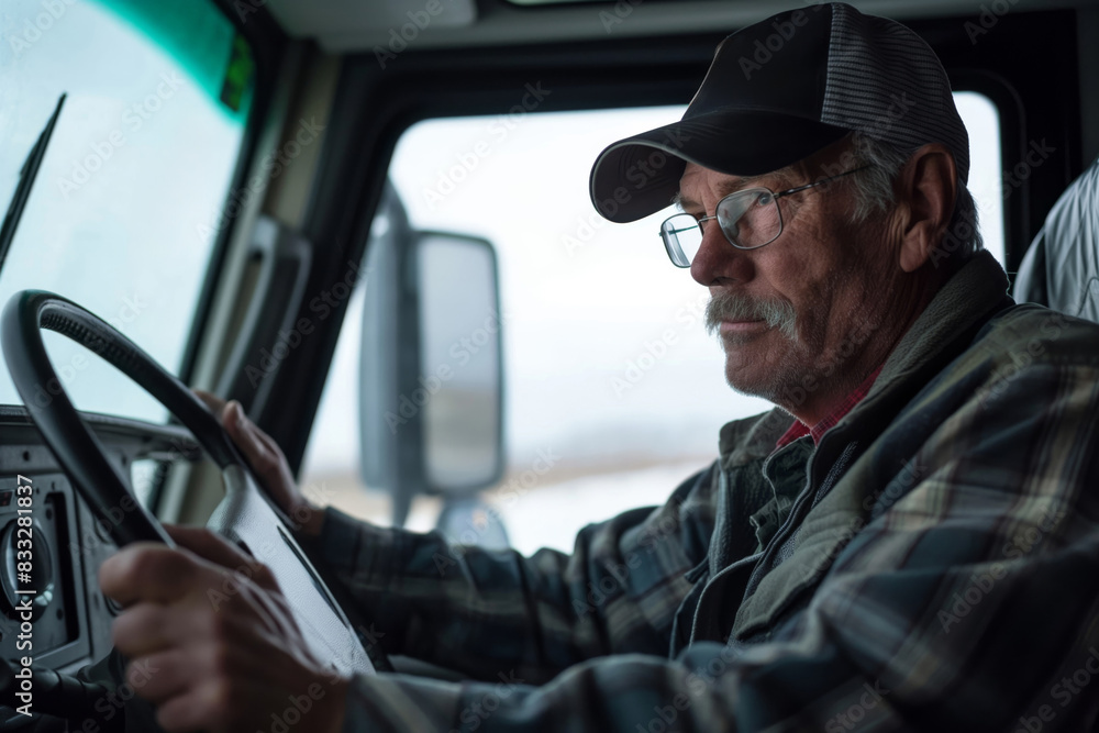 Focused senior truck driver checks papers while coordinating logistics from the cab of his truck during a work shift Focused senior truck driver checks papers while coordinating logistics from the cab of his truck during a work shift