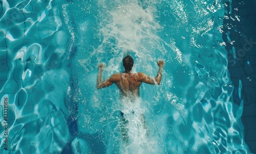 Aerial Top View Male Swimmer Swimming in Swimming Pool. Professional Determined Athlete Training for the Championship  using Butterfly Technique. Top View