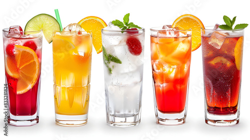 Glasses of fruit drinks with ice cubes isolated on white,A glass of fresh strawberry, orange and kiwi juice reflected on white background. Shallow depth of field,Set of fresh cold tea with fruits 