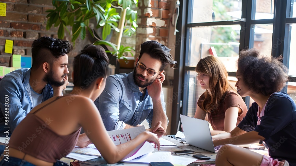 Obraz premium A diverse group of young professionals collaborating in a modern office with natural light and greenery, fostering a creative and productive environment.