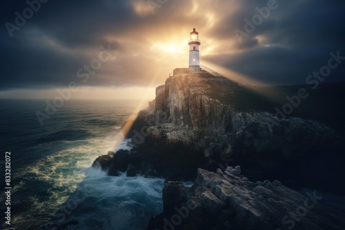 Light house with bright lightbeam architecture lighthouse outdoors. photo