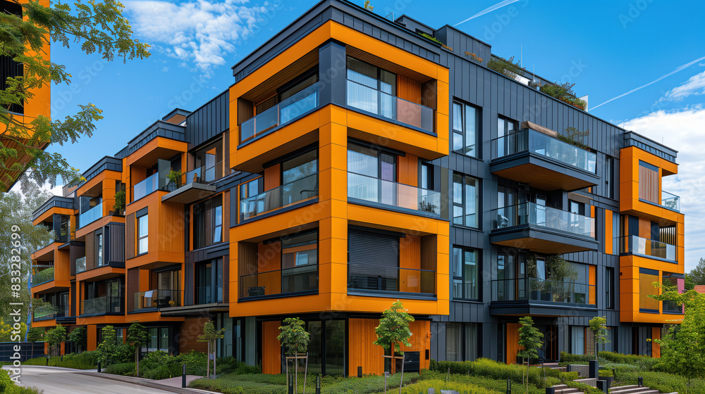 Modern apartment building with a unique design Modern apartment building with a unique design