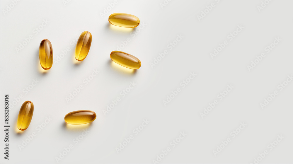Omega 3 capsules. Omega 3 capsules located on the side. Top view. Food supplement, vitamins Omega 3 capsules. Omega 3 capsules located on the side. Top view. Food supplement, vitamins