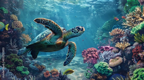 Fototapeta Naklejka Na Ścianę i Meble -  Sea Turtle Exploring Vibrant Coral Reef Ecosystem
