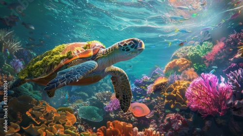 Sea Turtle Swimming Through Vibrant Coral Reef