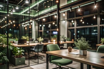 At night. Modern office room interior with night city view.