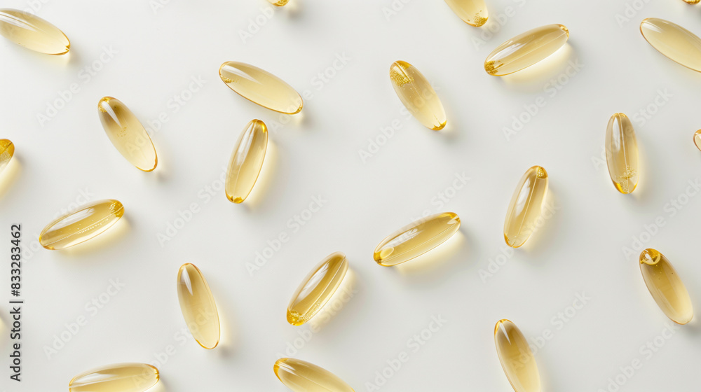 Vitamins in capsules, randomly located on a light surface. Top view. Vitamins in capsules, randomly located on a light surface. Top view.