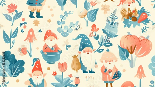 Wallpaper Mural Soft pastel-colored seamless pattern with vector cute gardening gnomes tending to a vegetable garden, showcasing a harmonious and whimsical design Torontodigital.ca