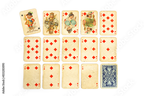 Complete set of vintage playing cards isolated on completely white background photo