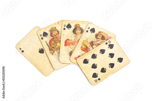 Royal Flush vintage playing cards isolated on completely white background