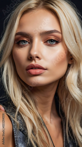 Stunning portrait of a beautiful woman influencer and model with blonde hair highlights