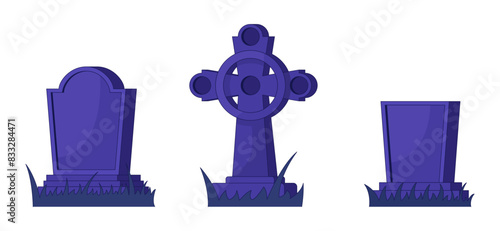 Ancient gravestones 2D linear cartoon objects set. Old tombstones with grass isolated line vector elements white background. Vintage cemetery atmosphere color flat spot illustration collection