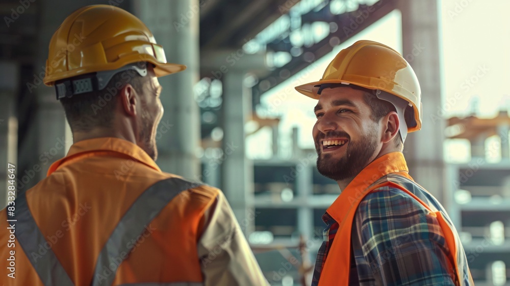 Smiling engineers construction workers meeting at construction site Smiling engineers construction workers meeting at construction site