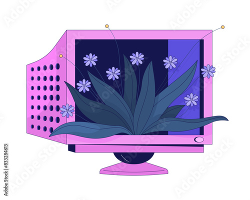 Plants covering computer screen 2D linear illustration concept. Vintage monitor with growing plants cartoon items isolated on white. Lofi vibes metaphor abstract flat vector outline graphic
