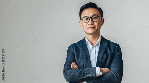 Chinese corporate man confidently standing with a mobile phone