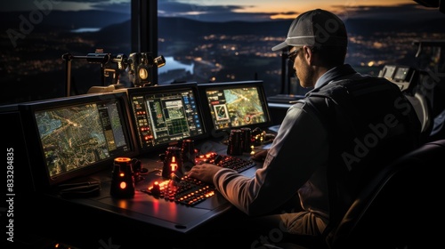 A male operator observes multiple monitors within a darkened control room environment, signifying surveillance and control