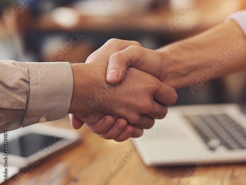 Two people shaking hands over a wooden desk with a laptop and tablet in the background, symbolizing agreement