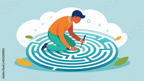 With a determined expression a person works on a labyrinth drawing determined to overcome any obstacles in their path both on paper and in their mind.. Vector illustration