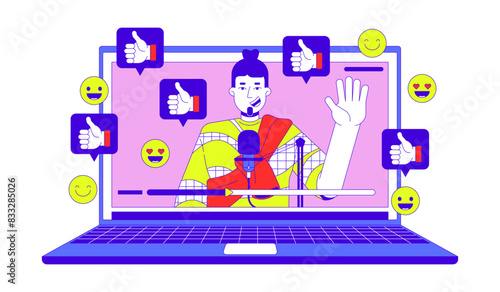 Popular video blogger 2D linear illustration concept. Caucasian male podcaster on laptop cartoon character isolated on white. Social media popularity metaphor abstract flat vector outline graphic