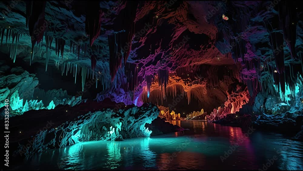 video is of a colorful cave with blue and green crystals hanging from ...