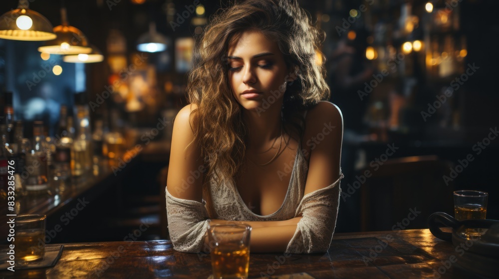 Deep in thought, a young woman sits in a bar with a drink, highlighting a sense of solitude Deep in thought, a young woman sits in a bar with a drink, highlighting a sense of solitude