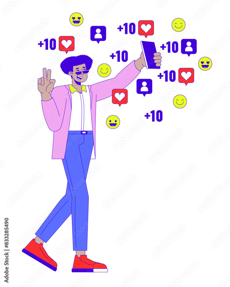 Influencer man with phone followers likes 2D linear illustration concept. Hispanic male internet celebrity cartoon character isolated on white. Social media popularity metaphor abstract flat vector Influencer man with phone followers likes 2D linear illustration concept. Hispanic male internet celebrity cartoon character isolated on white. Social media popularity metaphor abstract flat vector