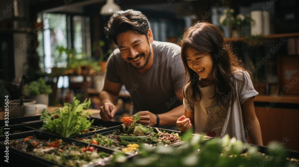 A joyful scene of a man and child engaged in indoor gardening, sharing a delightful moment A joyful scene of a man and child engaged in indoor gardening, sharing a delightful moment