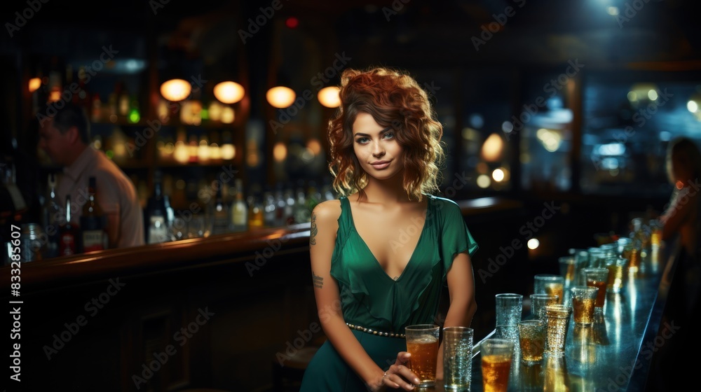 A stylish woman with an alluring smile sits at a bar, holding a glass of a refreshing drink A stylish woman with an alluring smile sits at a bar, holding a glass of a refreshing drink