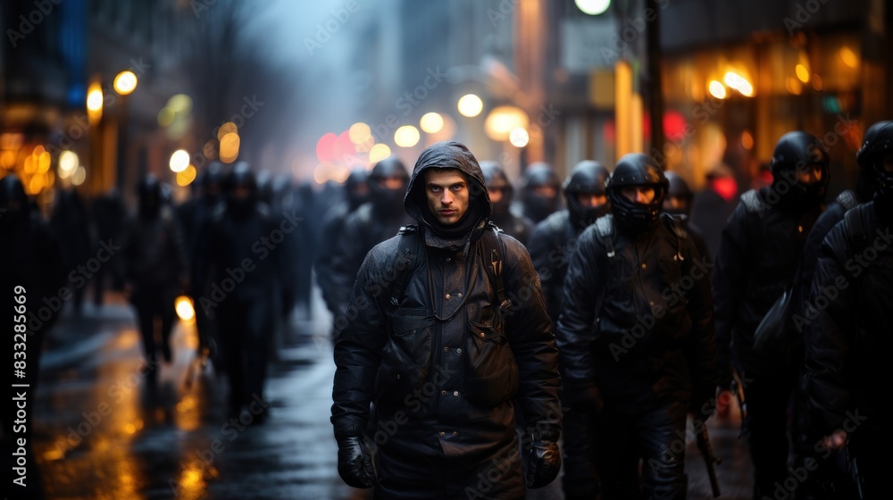 A solemn man stands amidst a crowd of protesters in a misty urban setting, tension palpable A solemn man stands amidst a crowd of protesters in a misty urban setting, tension palpable