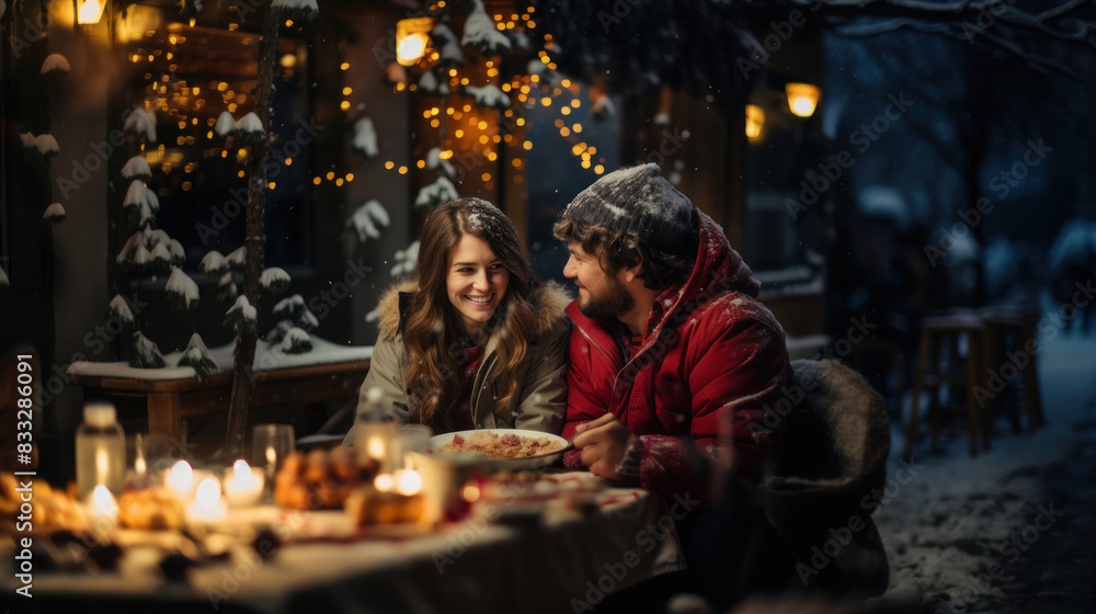 A happy couple share a romantic dinner outside with a snowy backdrop and warm ambiance A happy couple share a romantic dinner outside with a snowy backdrop and warm ambiance