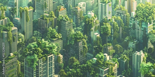 Cityscape that blends architectural elements with natural forms  illustrating a futuristic city where urban living nature coexist beautifully  palette of greens  blues  and earth tones  ai generated