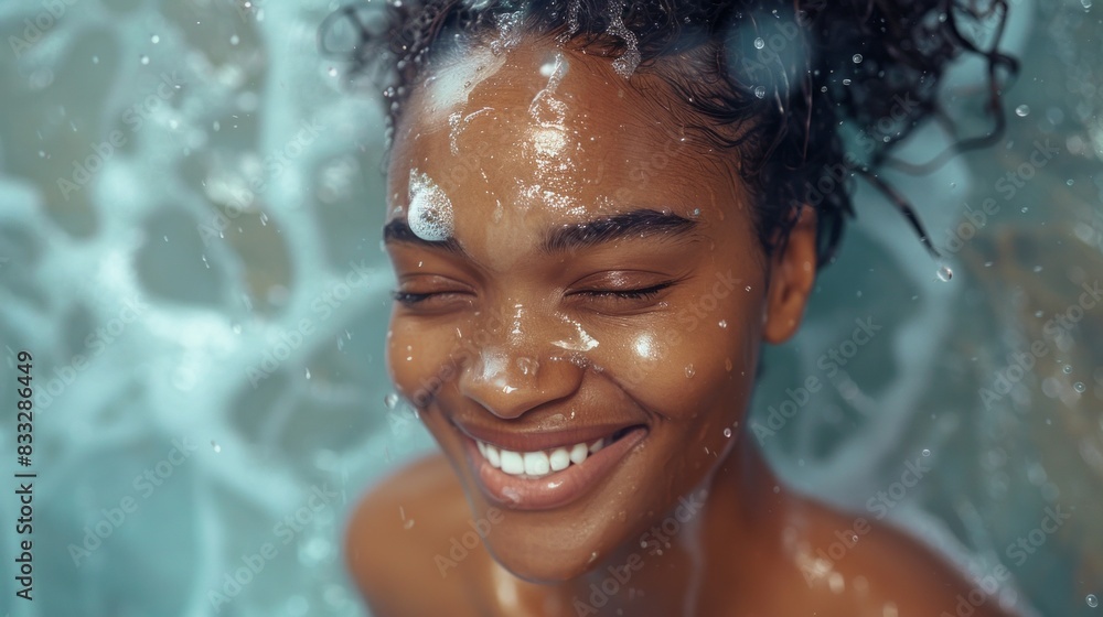 A woman is smiling while in the water A woman is smiling while in the water