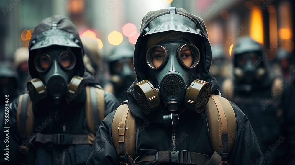 A group of riot police in gear stands ready in an urban nighttime setting, exemplifying concepts of law, order, and security A group of riot police in gear stands ready in an urban nighttime setting, exemplifying concepts of law, order, and security