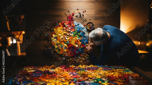 A person focuses intently on assembling a large, colorful puzzle, with pieces spread on a wooden table photo