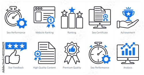 A set of 10 seo icons as seo performance, website ranking, ranking