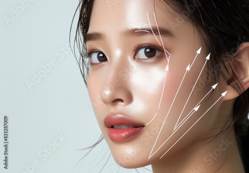 Plastic surgeon drawing lines on a face of young woman prior to cosmetic surgery,doctor is drawing mark up lines on nose before rhinoplasty surgery in clinic, generative ai,3d render.