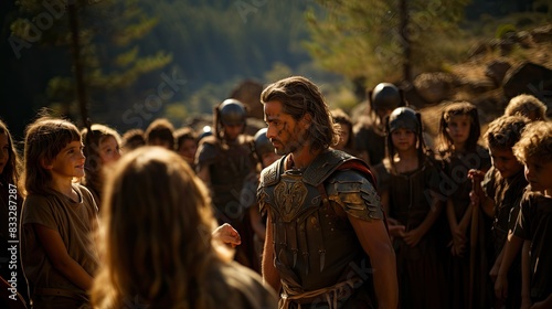 An ancient warrior in armor speaks to a group of people in a dramatic outdoor setting  suggestive of a historical epic