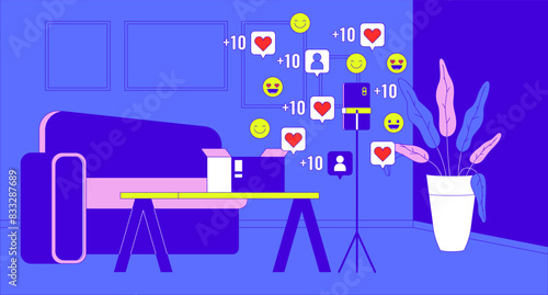 Popularity unboxing video on social media cartoon flat illustration. Stylish living room with phone tripod 2D line interior colorful background. Parcel opened reactions scene vector storytelling image