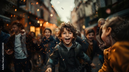 Exuberant boy running with joy as confetti flies around him, embodying freedom and playfulness photo