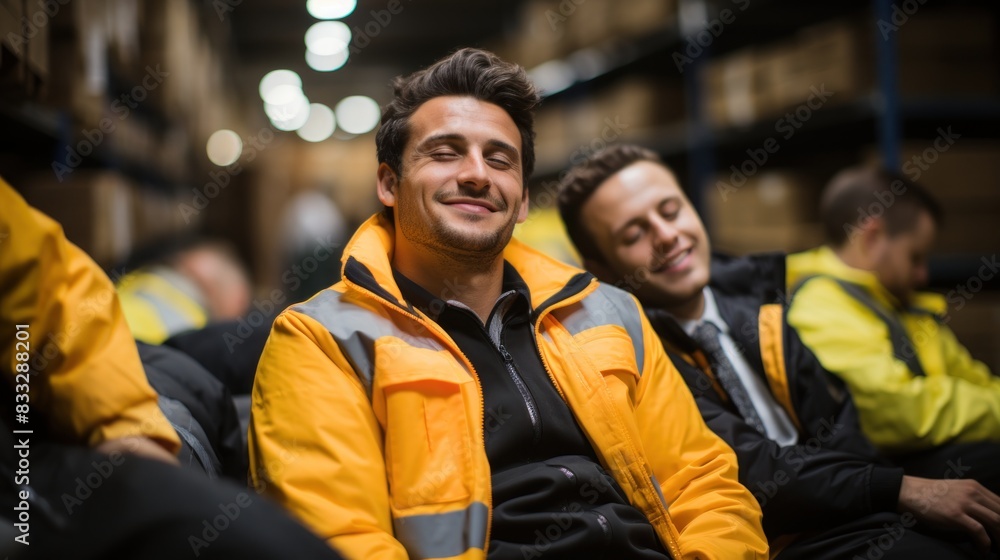 Smiling male warehouse employee relaxing with colleagues during break time Smiling male warehouse employee relaxing with colleagues during break time