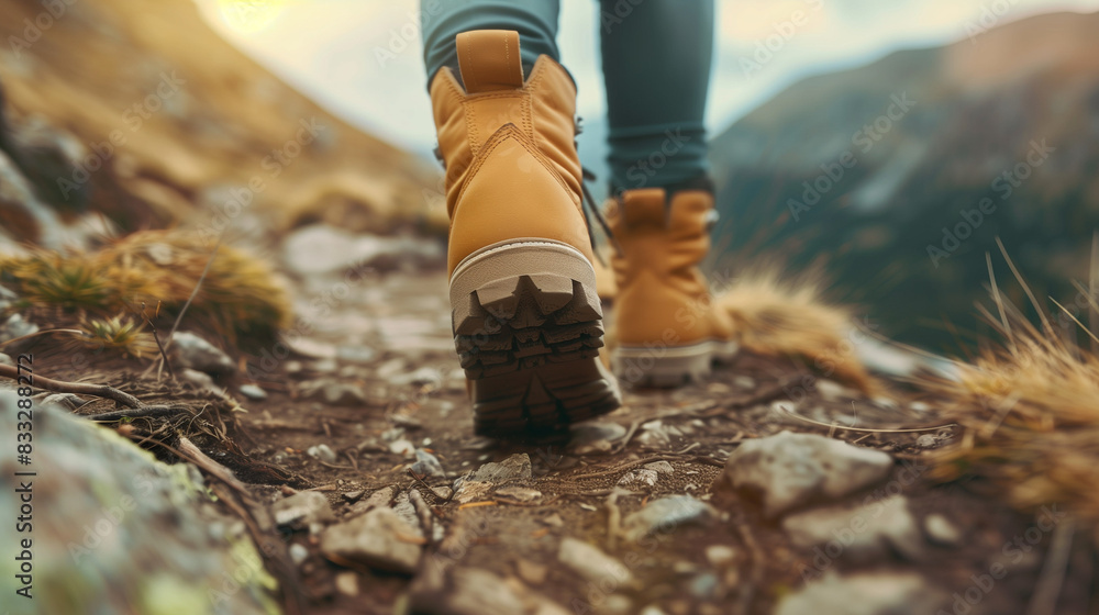 A close-up of hikers' leather boots as they head up a mountain trail. Their scratched contours and dust on the soles testify to hard work and perseverance during numerous hikes. A close-up of hikers' leather boots as they head up a mountain trail. Their scratched contours and dust on the soles testify to hard work and perseverance during numerous hikes.