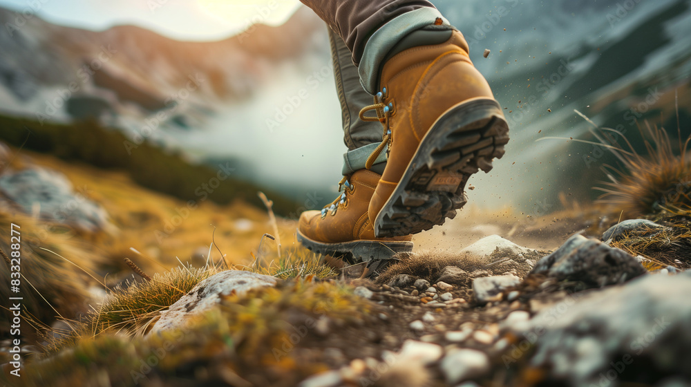 A close-up of hikers' leather boots as they head up a mountain trail. Their scratched contours and dust on the soles testify to hard work and perseverance during numerous hikes. A close-up of hikers' leather boots as they head up a mountain trail. Their scratched contours and dust on the soles testify to hard work and perseverance during numerous hikes.