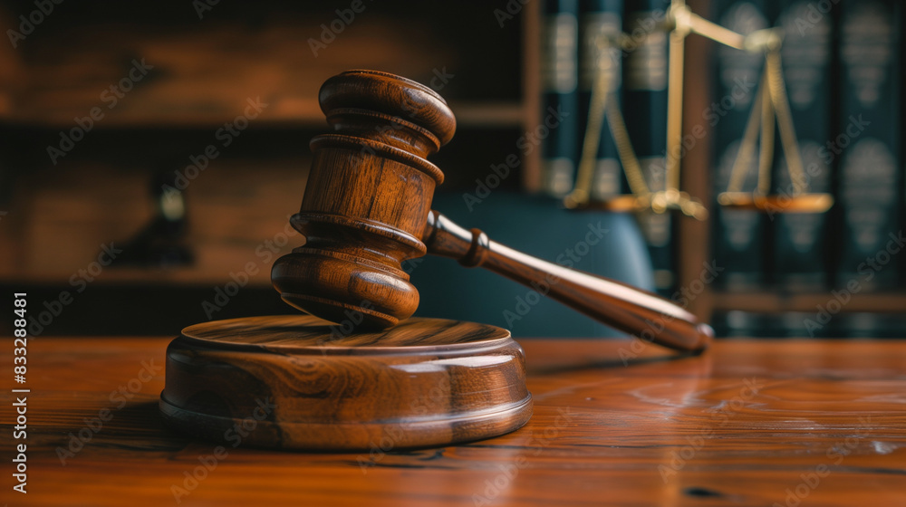 A gavel lying on the judge's desk in the courtroom, which is an icon of justice and law. Its solid construction and importance as a sentencing tool