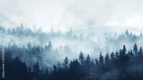 The outlines of a dark forest surrounded by fog that contrast with the white, misty sky. This atmospheric setting exudes mystery and incredible natural beauty. photo