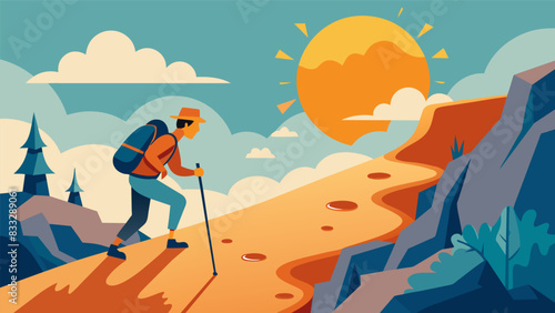 The sun beats down on your back as you navigate a boulderstrewn path sweat dripping from your forehead as you push yourself to reach the summit.. Vector illustration