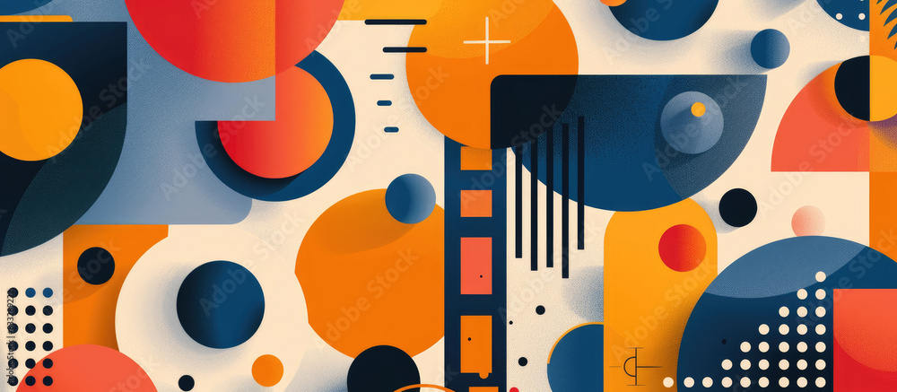 Abstract flat illustration of geometric shapes and patterns in blue, orange, peach, beige and white, in Bauhaus art style Abstract flat illustration of geometric shapes and patterns in blue, orange, peach, beige and white, in Bauhaus art style