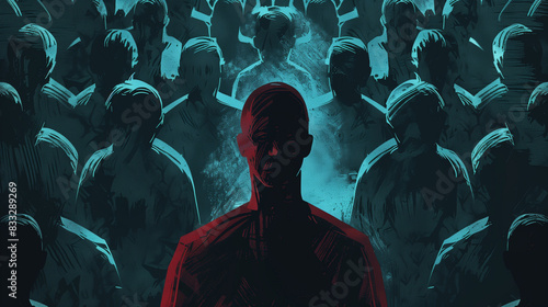 A shadowy figure who stands surrounded by anonymous people, illustrating the theme of media manipulation and crowd psychology.