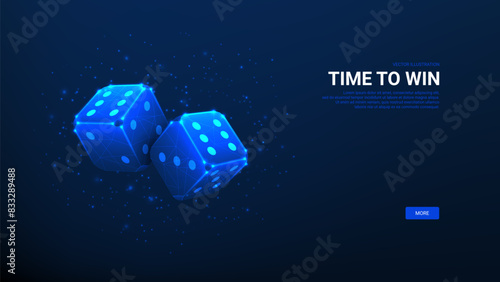 Concept of victory with game dices with six dots. Time to win. Symbol of fortune, luck and victory. Game dices isolated on dark blue background. Low poly wireframe vector illustration.
