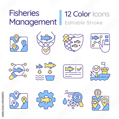 Fisheries management RGB color icons set. Fishing restriction, vessel registration. Fishery policy. Isolated vector illustrations. Simple filled line drawings collection. Editable stroke